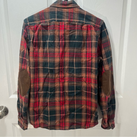 J Crew Plaid Flannel Shacket Shirt Jacket Faux Suede Elbow Patches Brown Red S - Picture 2 of 9